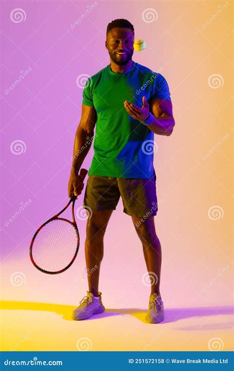 Vertical Image of Happy African American Male Tennis Player in Violet ...