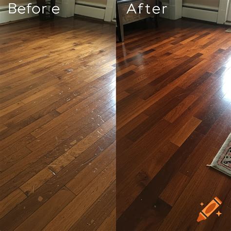 Before and after of hardwood floor restoration. on Craiyon