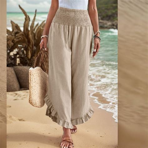 Womens Linen Pants Petite Length，Summer Wide Leg Pants Smocked Waist ...
