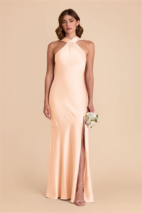 Peach Cream Satin Halter Bridesmaid Dress | Birdy Grey | Taupe bridesmaid dresses, Dusty rose ...