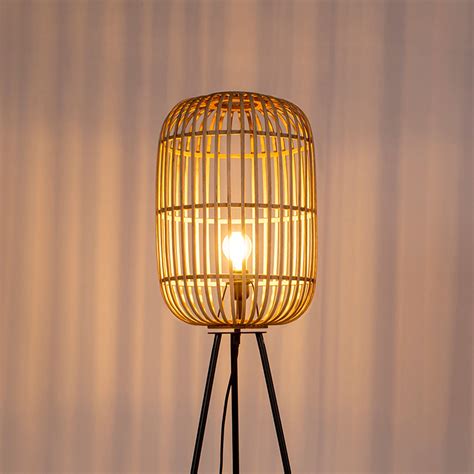 Country Floor Lamp Black with Rattan - Manila | Lampandlight UK