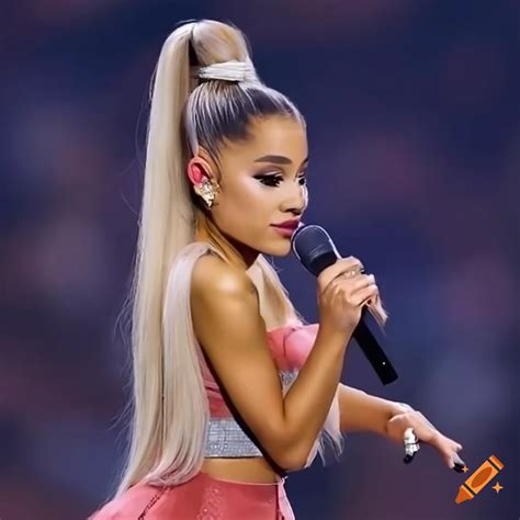 Live performance portrait of Ariana Grande with blonde high ponytail on ...