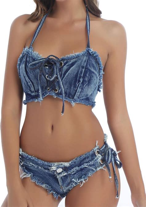 Amazon.com: YOOJOO Women's Sexy Denim Bikini Set Cut Off Jeans Shorts ...