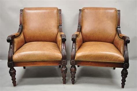 Sam Moore Brown Saddle Leather Carved Wood Regency Lounge Arm Chairs, a ...