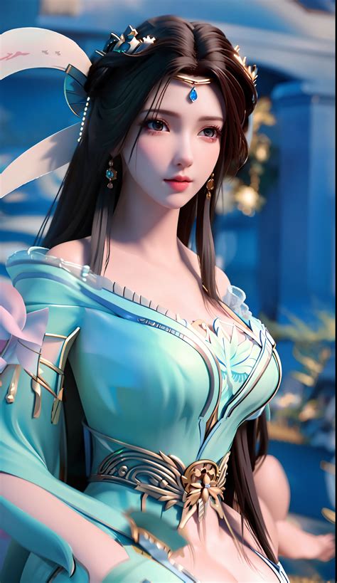 A close up of a woman in a blue dress with a fan - SeaArt AI