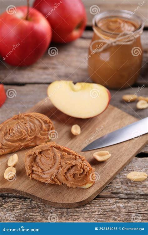 Fresh Apples with Peanut Butter on Wooden Table Stock Image - Image of ...