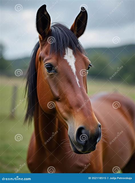 Brown Horse Stands Gracefully in Open Field, Its Expressive Eyes Reflecting Soft Light, Creating ...