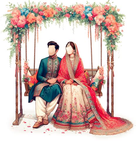 Pakistani Wedding Couple Sitting On Floral Swing Illustration, Wedding Couple Illustration ...