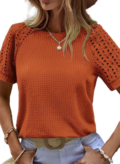 Eytino T Shirts for Women Waffle Knit Tops Casual Crew Neck Tee Shirts ...