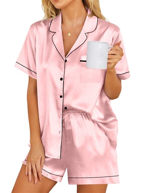 DAKIMOE Women's Satin Pajama Set, Short Sleeve Shirt and Shorts, Silky ...