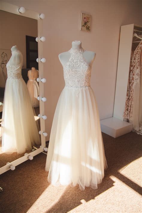 Keyhole Open Back Lace Wedding Gown, Unique Halter Neck Sleeveless Dress, Custom Design Creation ...