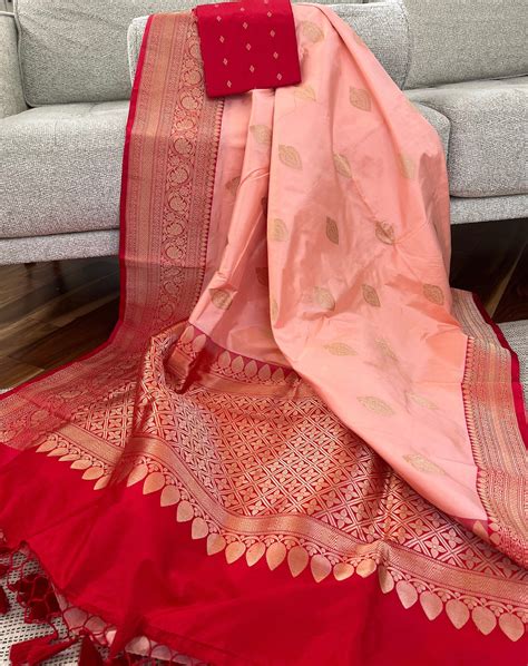 Pure Katan Silk Banarasi Saree in Peachish Pink and Red Border With ...