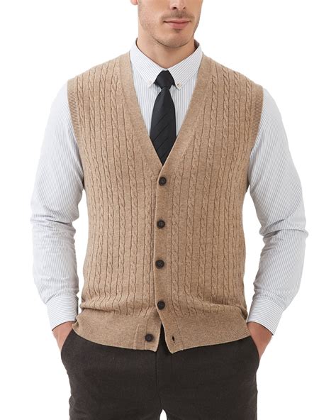 Kallspin Men's Wool Blend Cable-Knit V Neck Sleeveless Cardigan Vest ...