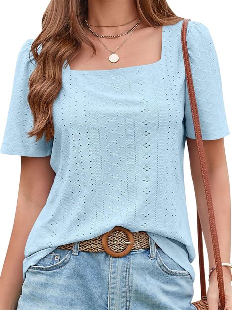 SHIBEVER Summer Tops for Women Square Neck Shirts Summer Short Sleeve ...