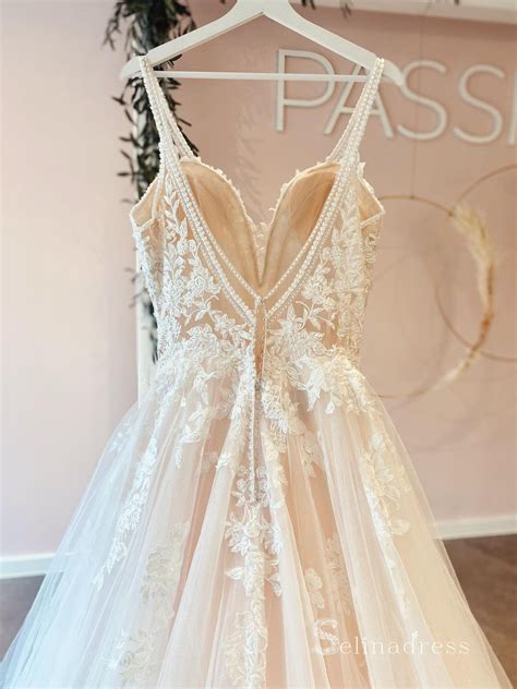 A-line Spaghetti Straps Rustic Lace Beaded Wedding Dresses White Brida | Wedding dresses beaded ...