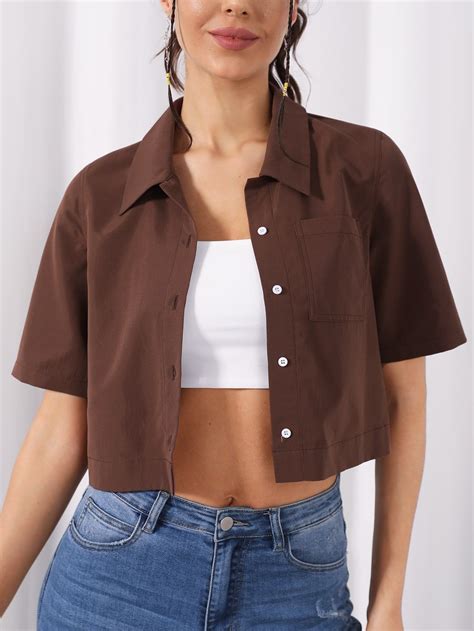 Button Front Crop Blouse | Cropped shirt outfit, Crop shirt outfit ...
