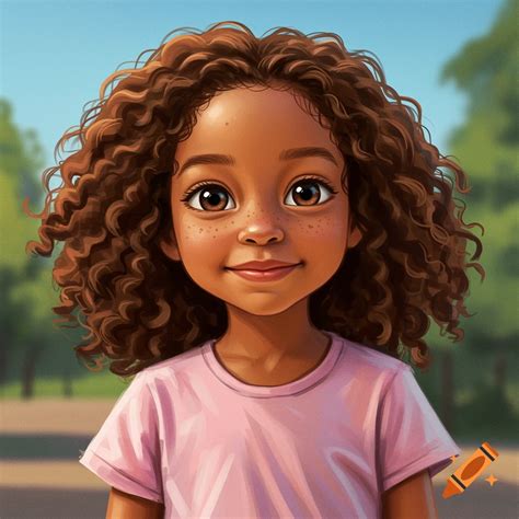 Cartoon illustration of a young girl with curly hair, blue t-shirt, and ...