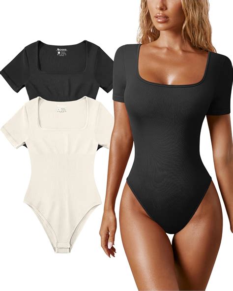 OQQ Women's 2 Piece Bodysuits Sexy Ribbed One Piece Square Neck Short ...