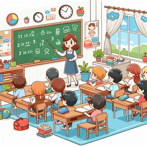 Premium Vector | A cartoon drawing of a classroom with a teacher and ...