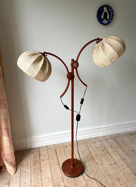 Vintage Dark Wood Adjustable Floor Lamp with Fabric Shades, 1960s For ...