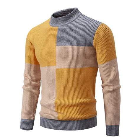 Aueoeo Mens Striped Sweaters for Men Slim Fitted Long Sleeve Mock ...