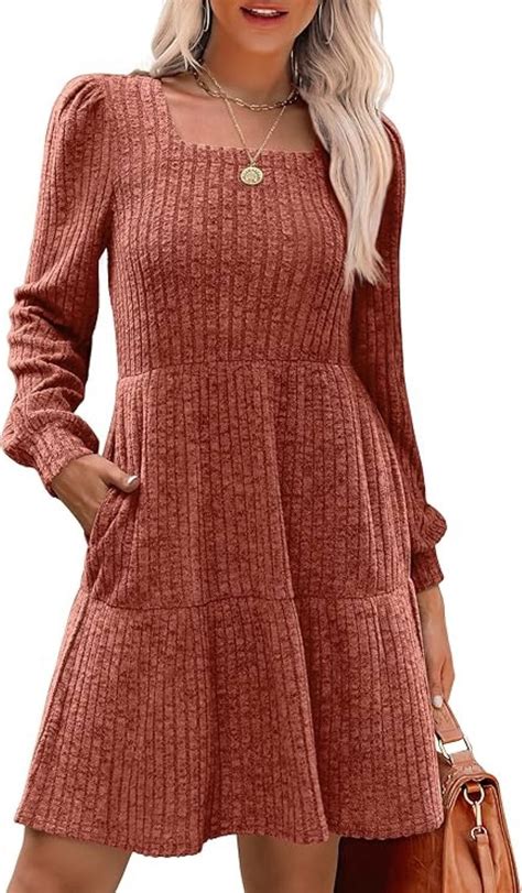 QINCAO Womens Long Sleeve Sweater Dresses Square Neck Babydoll Fall ...
