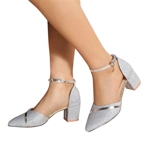 Thick Low Heel Silver Pumps
