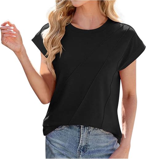 Cap Sleeved T-Shirt for Women Round Neck Loose Casual Striped Pleated ...