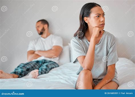 Couple, Fight or Divorce for Angry Woman on Bed in House, Home or Hotel ...