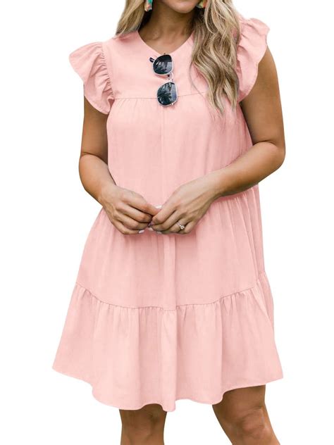 STARVNC Women's Summer Solid Color Crew Neck Ruffled Short Sleeve ...