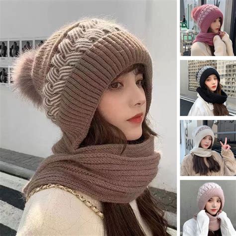 dianhelloya Ladies Winter Hat Knitted Thick Color Block Windproof Warm ...