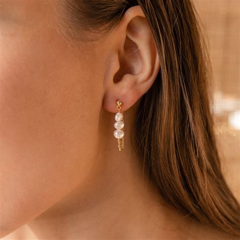 Dangling Triple Pearl Drop Chain Stud Earrings | Caitlyn Minimalist
