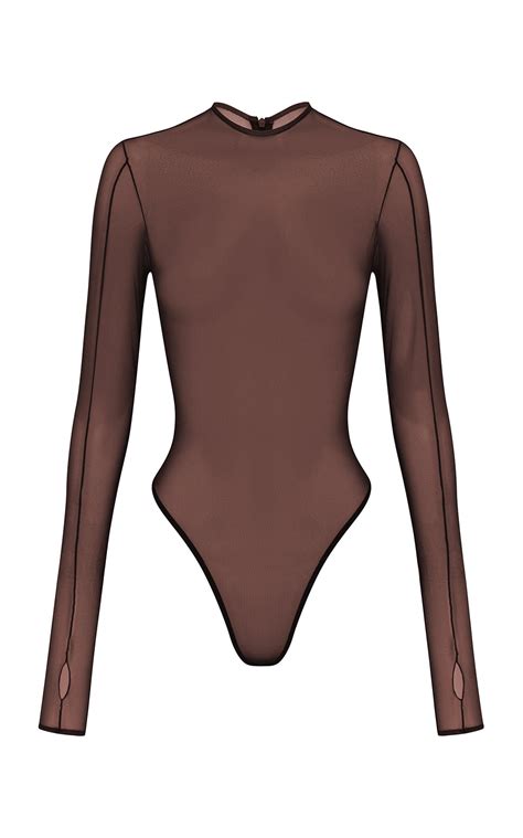 Alex Perry Sheer Mesh Bodysuit in Brown | Lyst