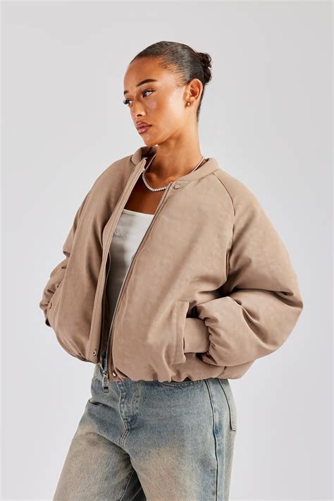 Cernucci Cropped PU Puffer Bomber Jacket - Taupe | Womens Outerwear ...