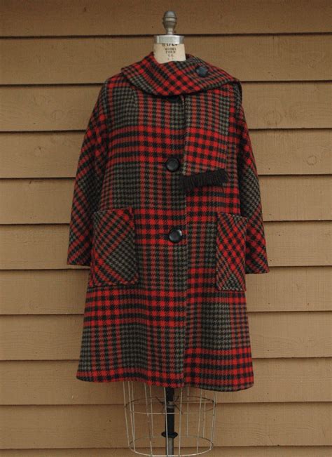 1960s red plaid wool coat with wrap fringed scarf collar - Hemlock ...