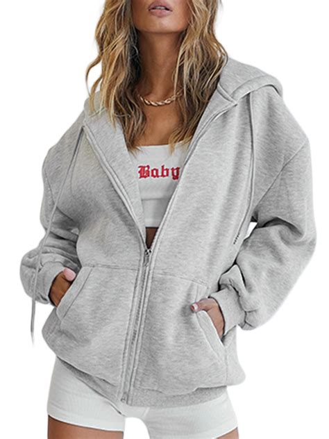 Womens Oversized Zip Up Hoodie Jacket Baggy Loose Basic Zipper Hooded ...