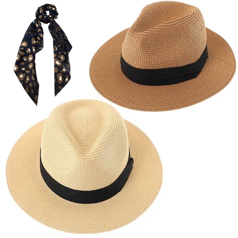 Panama Beach Hat for Women - 2 Pack Wide Brim Straw Hat for Summer Sun ...