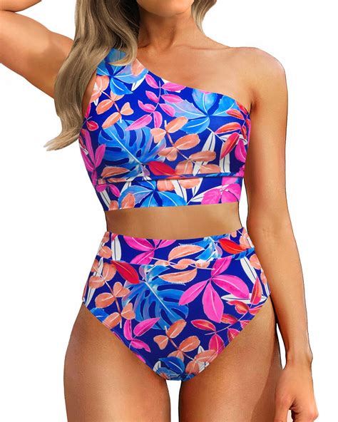 Black Women One Shoulder High Waisted Bikini Sets Two Piece Swimsuit ...
