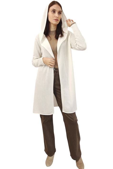 Long white cashmere cardigan - Hooded
