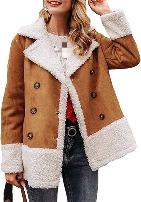 Women Outwear Lapel Sherpa Lined Double Breasted Suede Coat Jacket ...