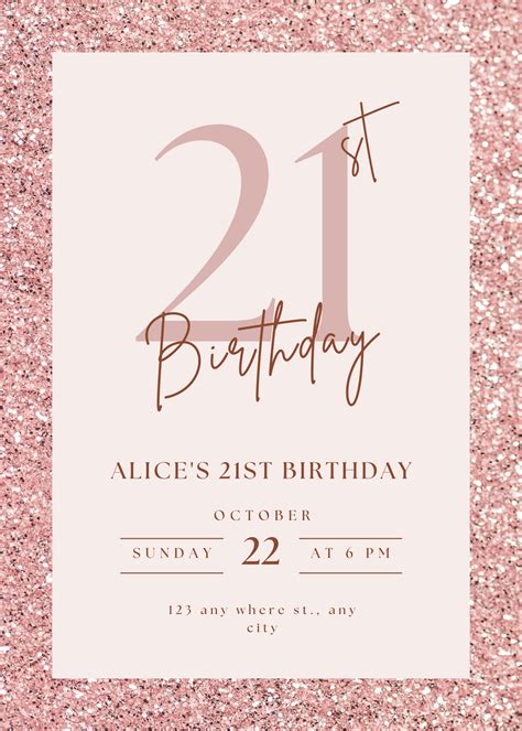 Canva template Rose Gold Glitter 21st Birthday Invitation | Online ...
