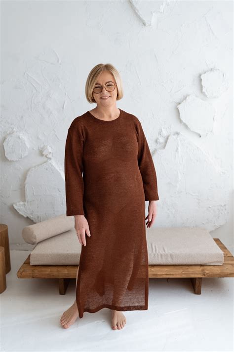 Maxi Length Linen Knit Dress, Dark Brown Linen Dress With Side Slits ...