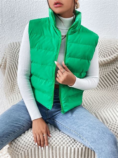 Zip Up Puffer Vest Coat | Puffer vest outfit black, Green vest outfit ...
