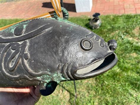 Japanese Huge Antique Cast Bronze Fish Bell Gong with Hardwood Striker ...