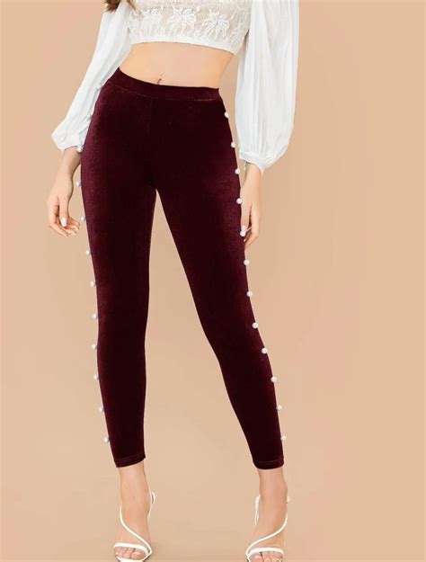 New, Women Velvet Pearl beaded Skinny Pant Size Medium EG22 | Property Room