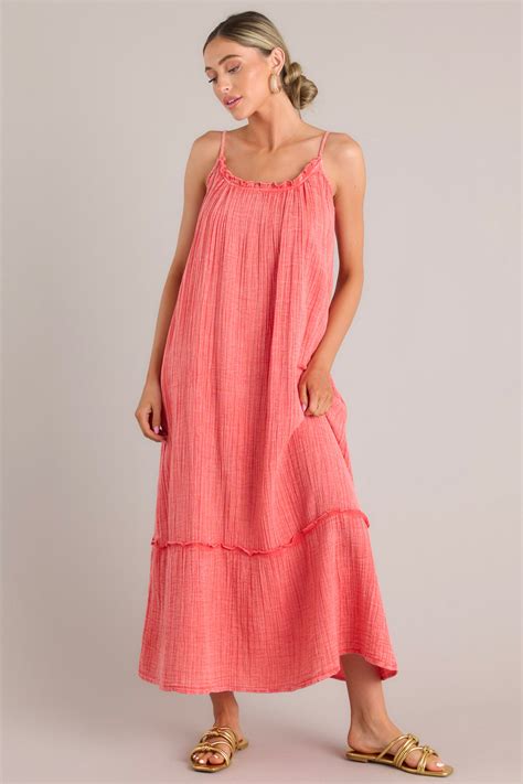 100% Cotton Coral Gauze Maxi Dress - All Dresses | Red Dress