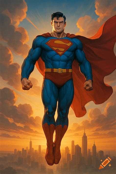 Superman stands on a rocky outcrop overlooking a city skyline under a ...