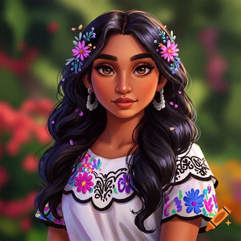 Portrait of a Latina woman in embroidered dress with flowers in her hair at sunset. on Craiyon