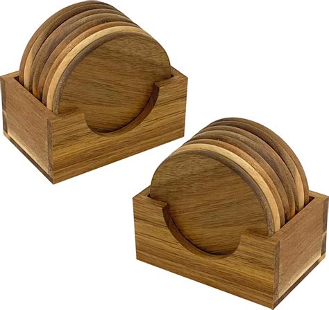 Amazon.com: Acacia Wood Drink Coasters with Holder, Two Sets of 8 ...