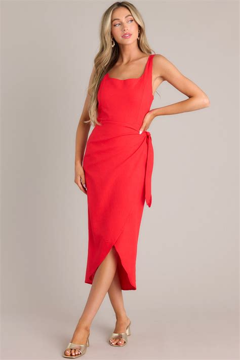 Linen & Cotton Blend Red Midi Wrap Dress - All Dresses | Red Dress